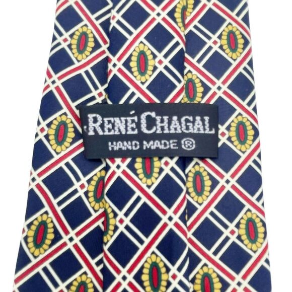 Vintage Rene Chagal 100% Silk Twill Tie Navy Gold Red Preppy Pattern Necktie - Picture 7 of 11